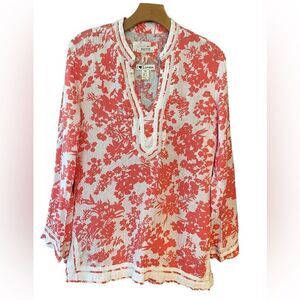 Malvin Sz M Orange White Floral Lace Trim Linen V-Neck Classic Tunic